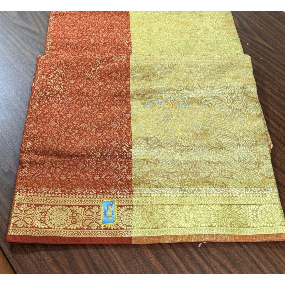 Indian Women's‎ NEW Brocade Artificial Silk Sari SAREE RUST w/Golden Border